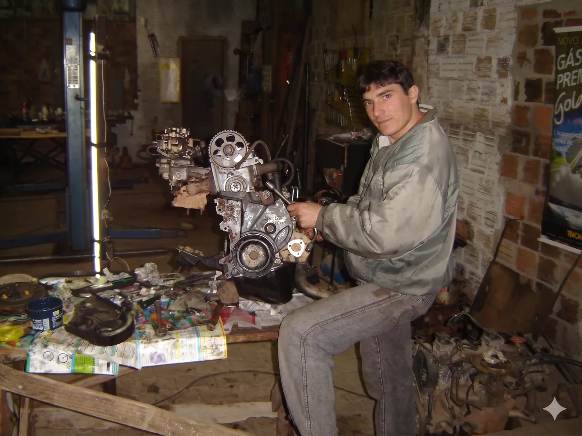 Mecânico trabalhando no motor na Oficina Martins, Camaquã